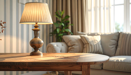 A cozy interior scene features a lamp, a wooden table, and a comfortable sofa by a window