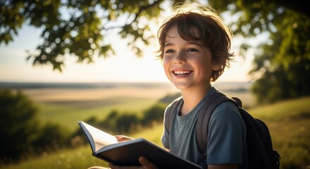 Fototapeta premium Smiling Boy Reading a Book Outdoors with Backpack on Hill at Sunset