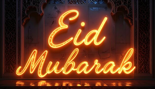 Neon sign Eid Mubarak in glowing orange cursive script with ornate architectural background