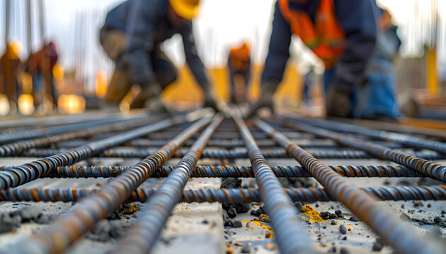Workers focus on arranging steel reinforcement bars on a construction site for foundations