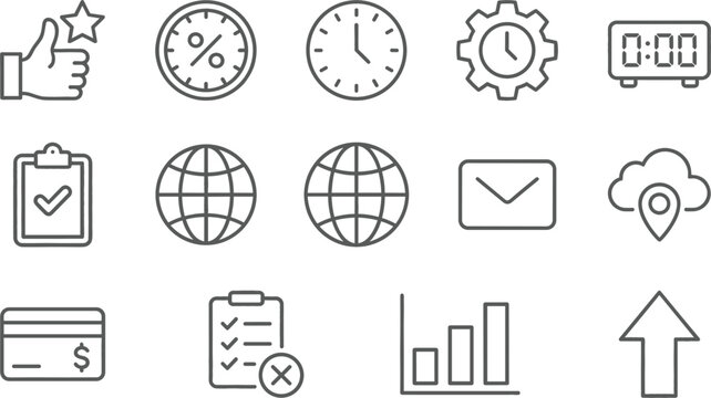 Business management and productivity icon set with checklist clock analytics finance outline vector