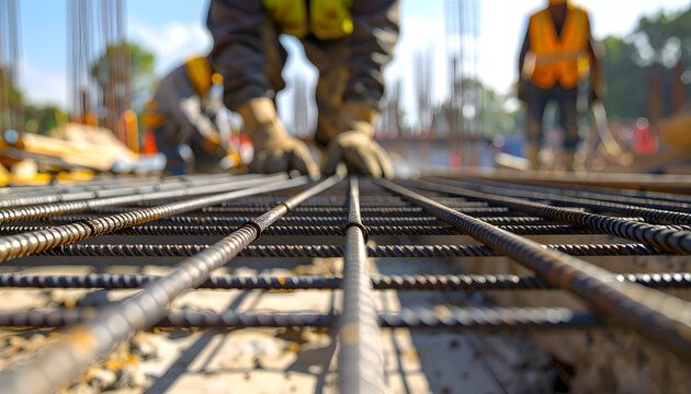 Workers focus on laying steel reinforcement bars at a construction site under bright sunlight