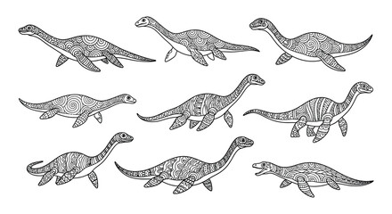 Variety of mosasaurs and plesiosaurs in a black and white illustration © Nayem