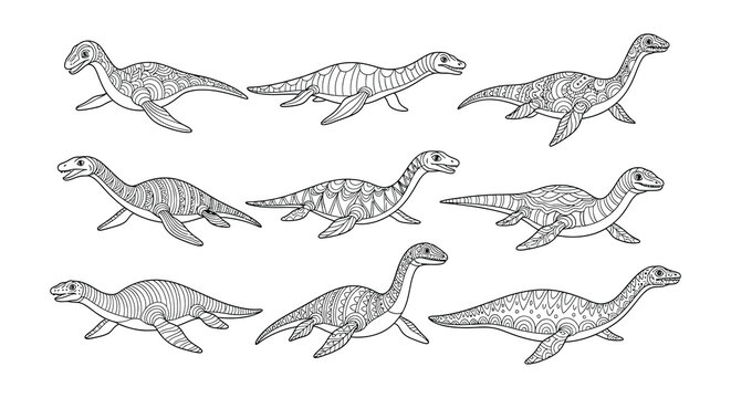 Variety of mosasaurs and plesiosaurs in a black and white illustration