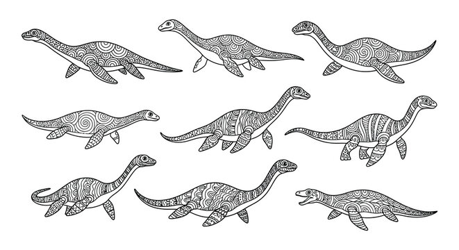 Variety of mosasaurs and plesiosaurs in a black and white illustration