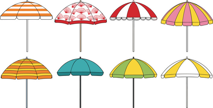 Set of colorful vector umbrella illustrations with various patterns including stripes, floral prints, and solid colors for summer beach, patio, and outdoor cafe vacation designs.