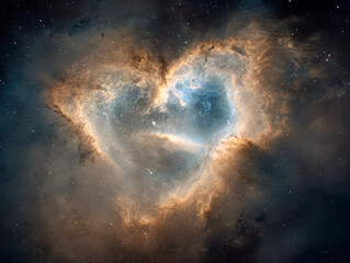 Obraz premium A stunning view of a heart-shaped nebula glowing with bright blue and warm orange hues surrounded by countless stars in the vast cosmos of deep space