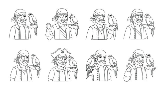 Collection of pirate characters with parrots in various poses line art