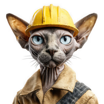 Sphynx Cat Wearing a Yellow Hard Hat and Work Jacket, Anthropomorphic isolated on transparent background