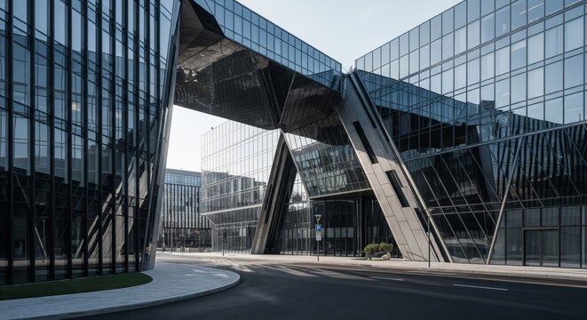 Modern Black Glass Building Exterior with Connecting Skybridge Detail