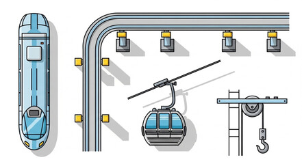 Detailed illustration of various transportation systems and components for travel. © Roki