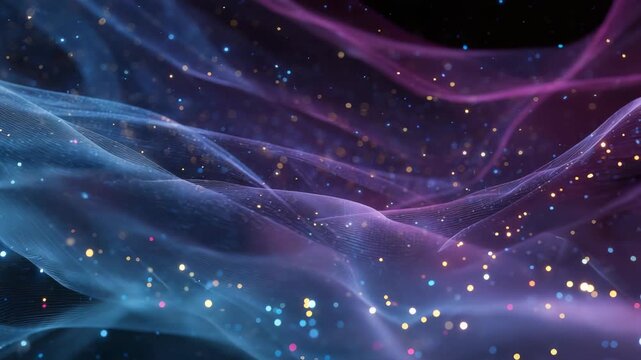 Dynamic blue, purple waves intertwine with glowing particles, creating sense motion, depth. This abstract digital art evokes futuristic, cosmic, energetic themes for modern design projects