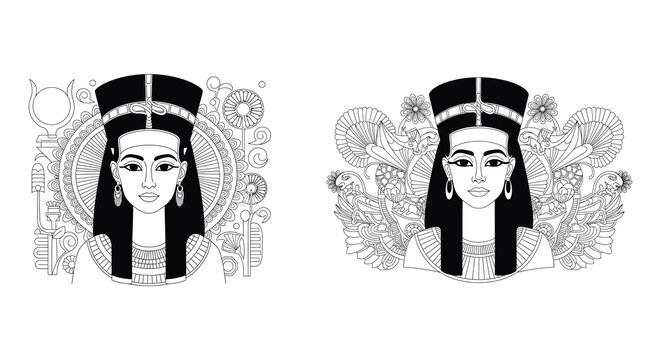 Two symmetrical depictions of an egyptian queen in ornate headdress