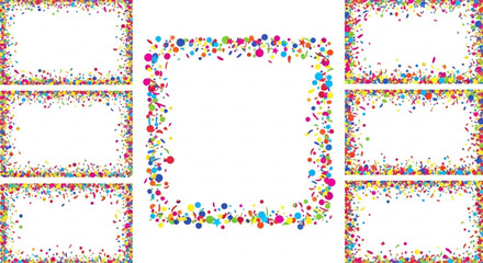 Colorful confetti frames set with blank white space for text or image on isolated white background perfect for celebration and party design elements