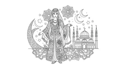 Obraz premium Intricate drawing of a woman with crescent moons stars and a mosque