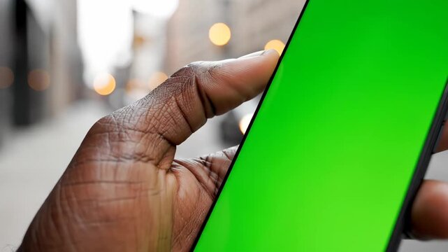 Hand holding smartphone with green screen for app or content display, blurred city background. Mobile technology mockup.