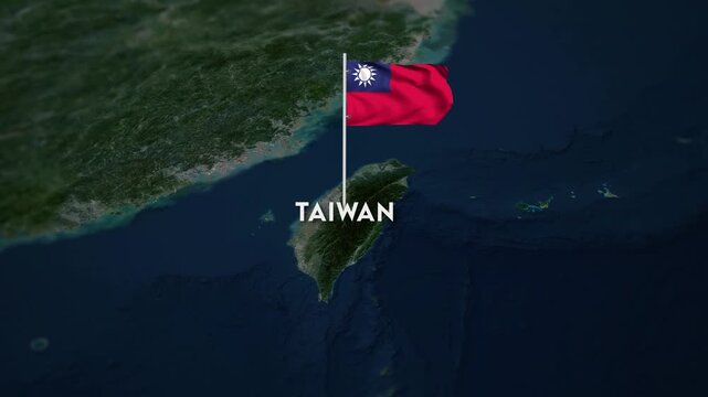 The Flag of Taiwan on the World Map, the Taiwan flag waving on the 3d map animation 4K