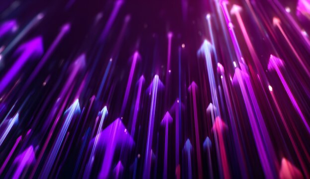 Abstract background with rising purple arrows representing growth, success, and digital advancement in modern business and technology environments with dynamic light effects