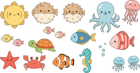 Cute Sea Animals Collection with Cartoon Fish, Octopus, Jellyfish, Turtle, Crab, Starfish, and Seahorse for Kids Illustration and Nursery Design