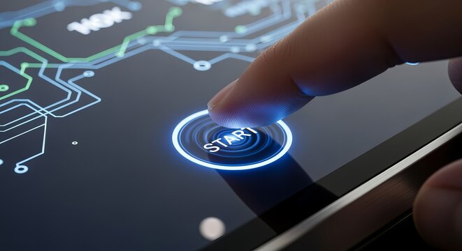 Close up of a finger activating the illuminated start button on a modern electronic device interface