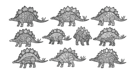 Intricate black and white pattern featuring multiple stegosaurus dinosaurs © Nayem