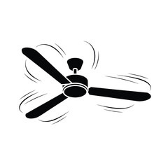 A black and white silhouette of a rotating ceiling fan with blades