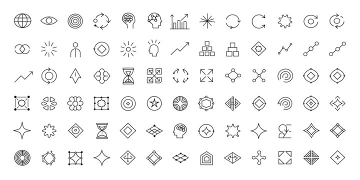 A comprehensive collection of minimalist line icons representing business, technology, and abstract concepts for modern design needs