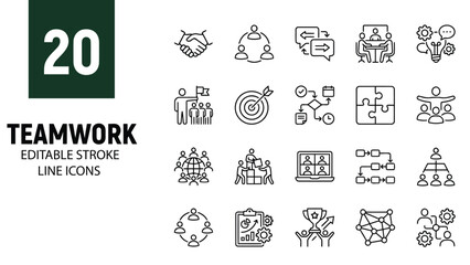 Fototapeta premium Teamwork Line Icon Set – Collaboration, Leadership, Target Goal and Business Cooperation Editable Stroke Vector Collection