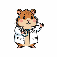 Obraz premium Hamster doctor dressed in a lab coat uses a stethoscope around its neck while waving a friendly greeting in a clinic environment.