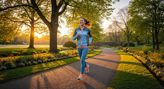 Young woman jogging on pathway in park during sunrise  