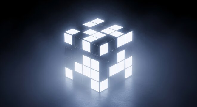 Illuminated Cube with Glowing Edges in a Dark Atmosphere