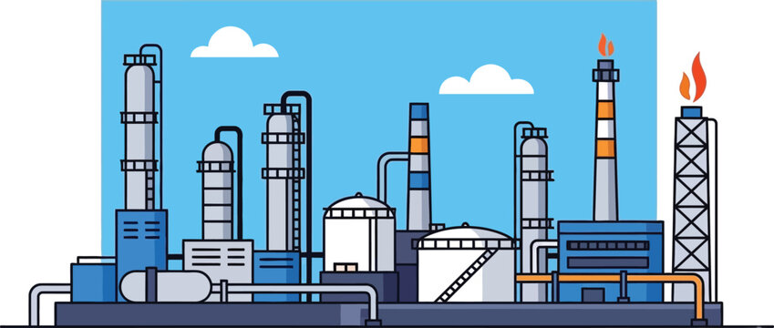 A colorful illustration depicting an industrial complex with refinery towers and smokestacks on transparent background silhouette high quality professional detailed modern