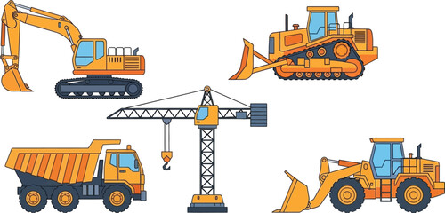 A colorful illustration depicting various construction vehicles including a bulldozer excavator and truck on transparent background silhouette high quality professional detailed © rabbivay