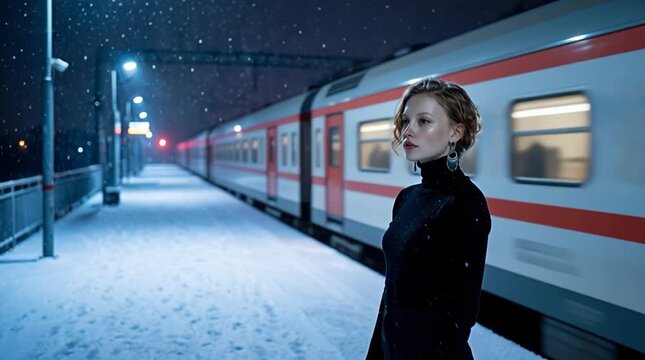Snow falls at train station as a woman waits for her ride on a winter evening