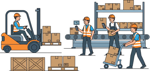 A colorful illustration depicts workers in a warehouse using forklifts and conveyors ideal for logistics designs on transparent background silhouette © rabbivay