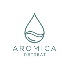 Aromica Retreat Logo with a stylized water drop and gentle waves.