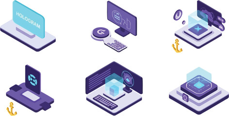 Fototapeta premium A vibrant vector illustration set showcasing futuristic technology concepts, including data processing, holographic displays, and digital security solutions.