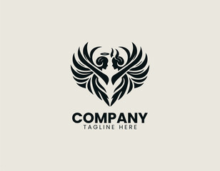 Angel and demon forming heart shape in clean modern symbolic vector illustration