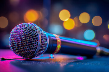 Obraz premium Dynamic close-up of a professional microphone resting on a stage surface with vibrant colorful bokeh lights creating an energetic concert atmosphere at night