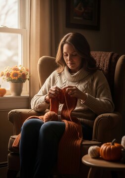 Woman Knitting an Orange Scarf Indoors Next to a Window in Natural