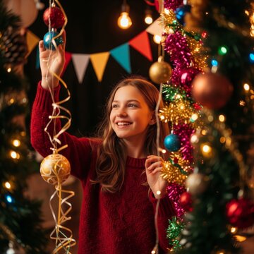 Smiling Girl Decorating Christmas Tree with Colorful Ornaments