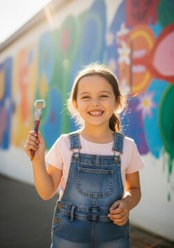 Smiling Girl in Denim Overalls Holding Paintbrush at Colorful Mural