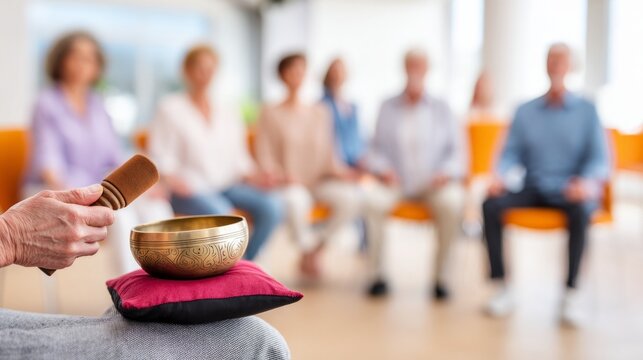 Close up of hand playing singing bowl for group of seniors attending a sound healing meditation session