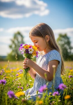 Young Girl in Blue Dress Smelling Wildflowers in Sunny Meadow