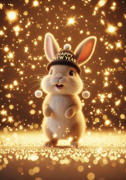 Smiling Rabbit Wearing Black New Year Hat with Golden Glitter