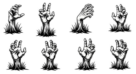 Zombie Hands Emerging From The Ground - Black and White Vector Illustration