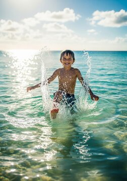 Joyful Young Boy Splashing in Turquoise Ocean Water Sunlight