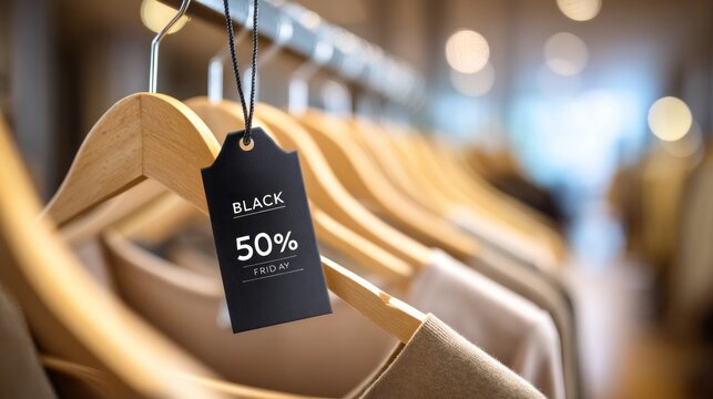 Black friday 50 percent off sale price tag hanging on clothing hanger in a retail store, shopping discount concept