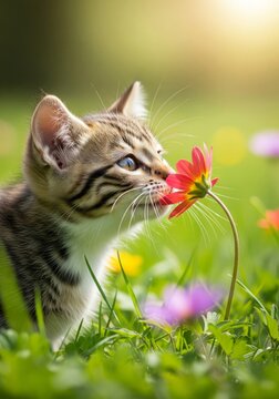 Brown Tabby Kitten Smelling a Red Flower in Sunny Green Meadow
