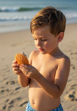 Young Boy Examining Seashell at Sandy Beach During Daytime